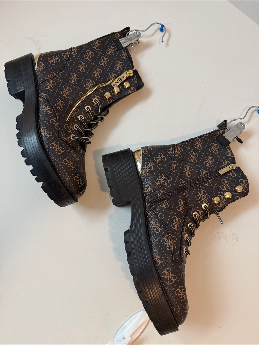 Guess Brown Logo Lace-Up Combat Boots with Gold Accents